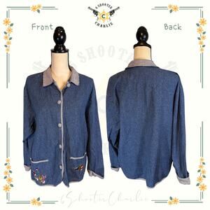 Vintage Teddi Denim Embroidered Shirt Collared Cuffed Sleeve Womens Size XL Blue